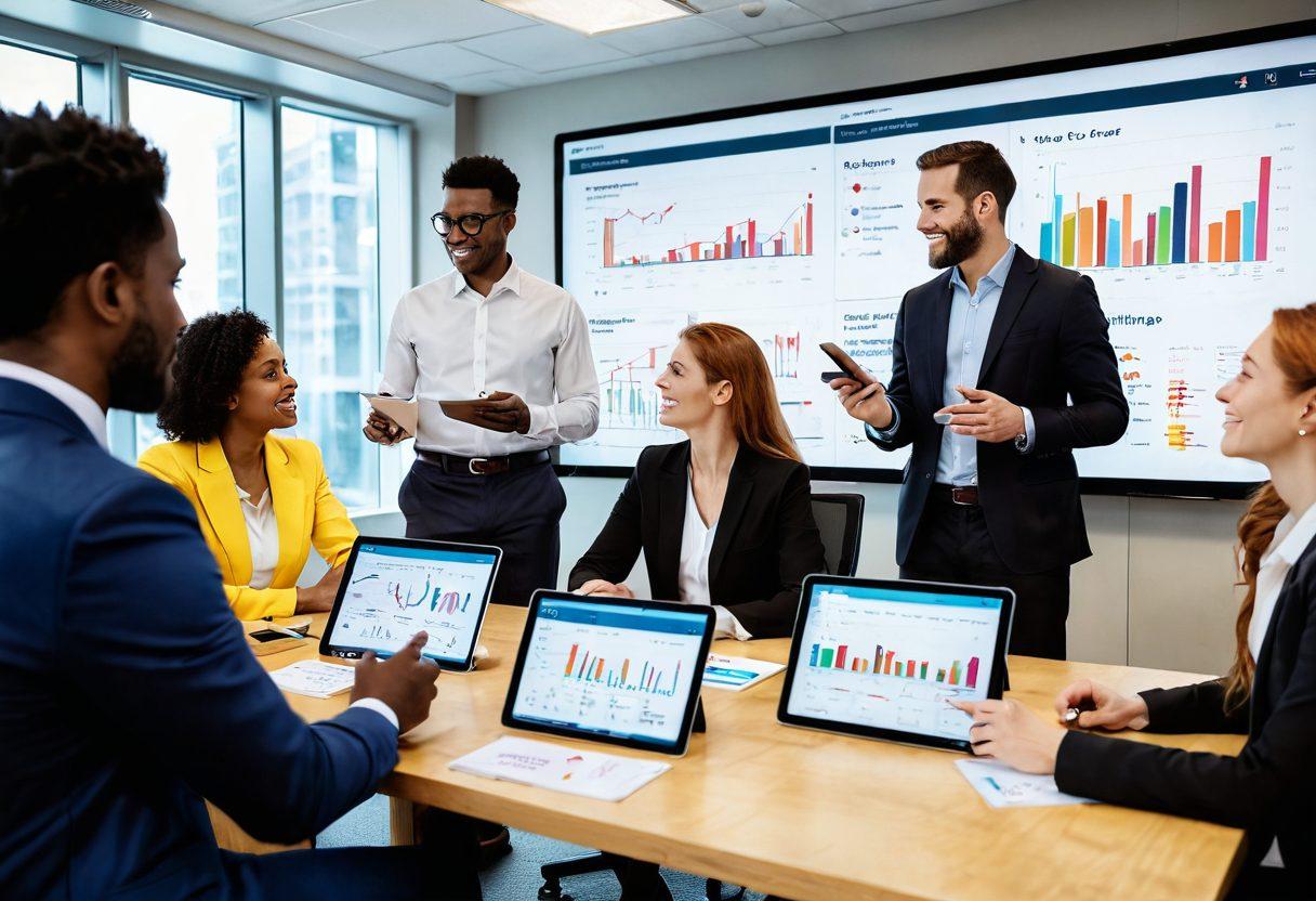 A diverse group of professionals engaging in a lively discussion in a modern office setting, surrounded by display screens showing career growth charts and HR tools. One person is holding a tablet showcasing a job search app, while others take notes and share ideas. The atmosphere is vibrant and inspiring, symbolizing empowerment and opportunity. super-realistic. vibrant colors. modern office style.