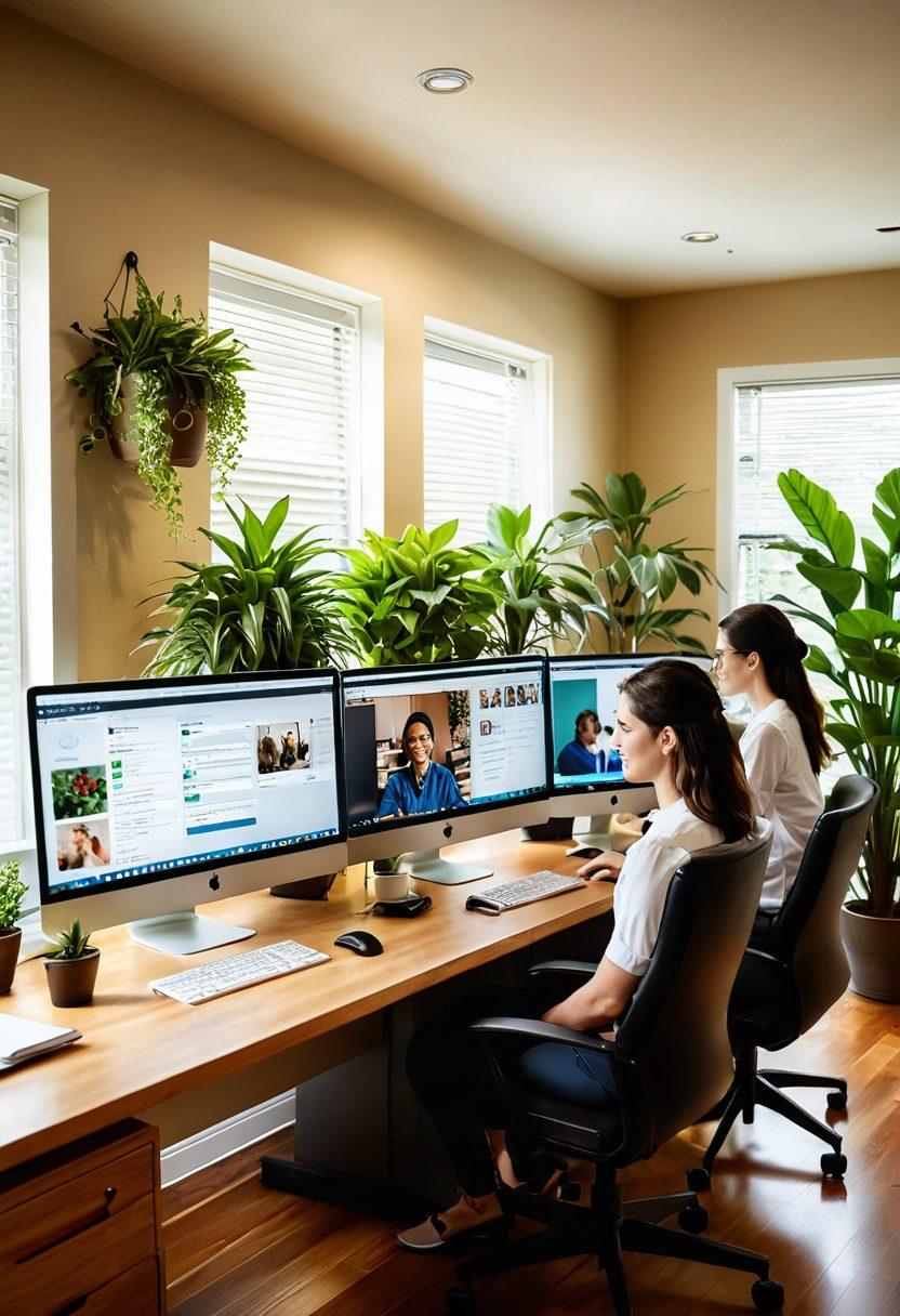 A harmonious workspace showing a diverse group of employees collaborating joyfully, surrounded by vibrant plants and natural light streaming in. In the background, a serene home office setup symbolizes work-life balance featuring personal touches like family photos and plants. An upward graph on a screen represents career success, exhibiting growth and happiness. super-realistic. warm colors. soft focus.