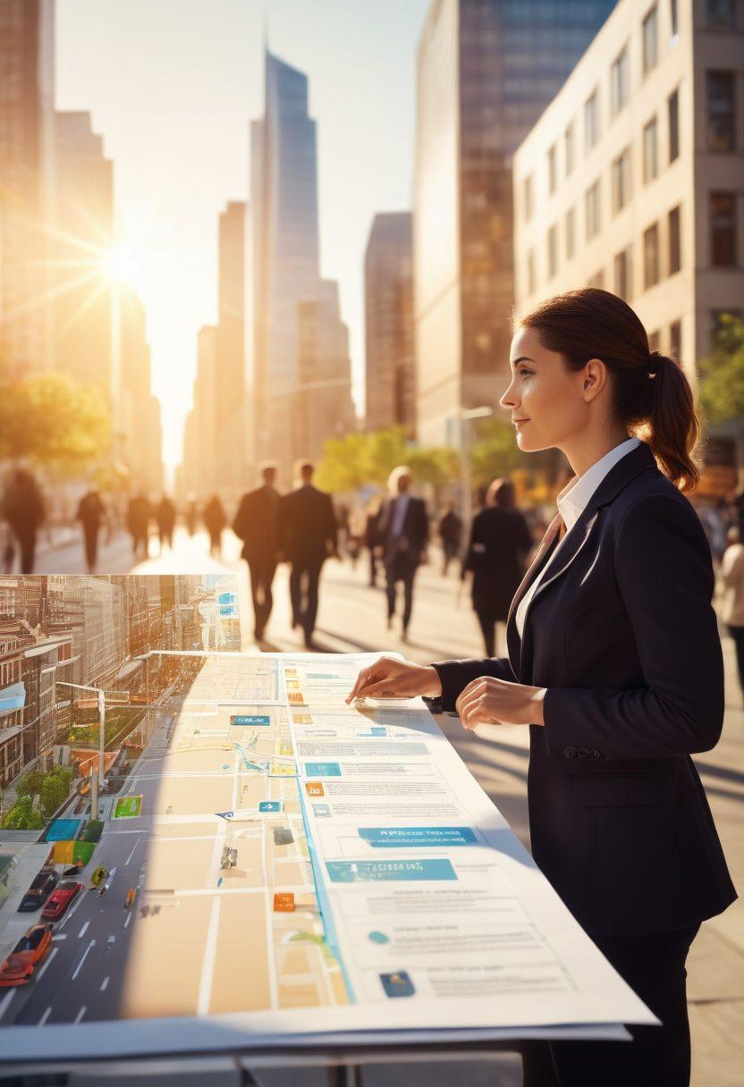 A professional looking confidently at a bustling cityscape filled with diverse individuals engaging in work-related activities. In the foreground, a roadmap with various career paths and icons like resumes, interviews, and networking events. Soft sunlight illuminating the scene, symbolizing hope and opportunity in the job market. super-realistic. vibrant colors. dynamic composition.